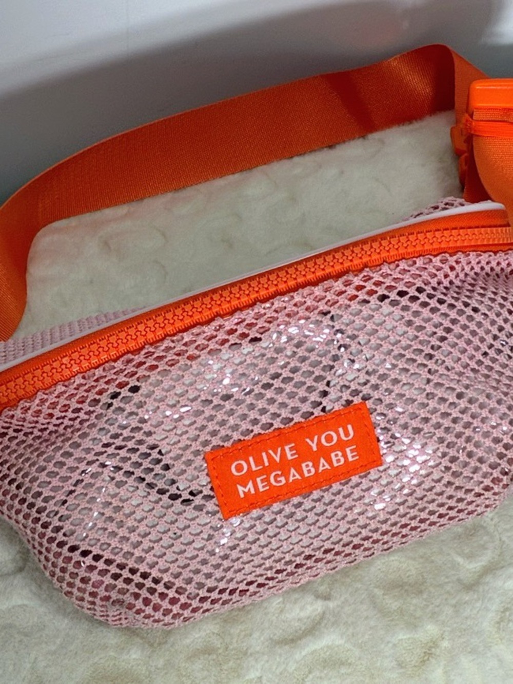 Olive You Megababe Pink Mesh Crossbody fanny pack with Orange Trim & belt